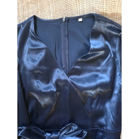NWOT Women's L Long Formal Wrap Cinched Waist Navy Blue Event Dress - Picture 5 of 9